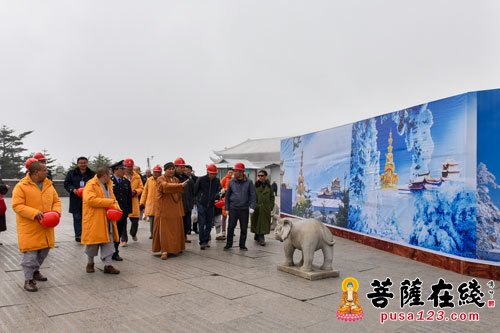 永寿-永寿大和尚一行检查金顶十方普贤圣像装金工程施工进展情况